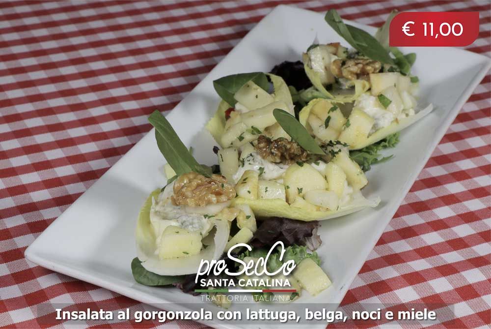 Salade de Gorgonzola aux endives, pomme, poire, noix, miel et cannelle