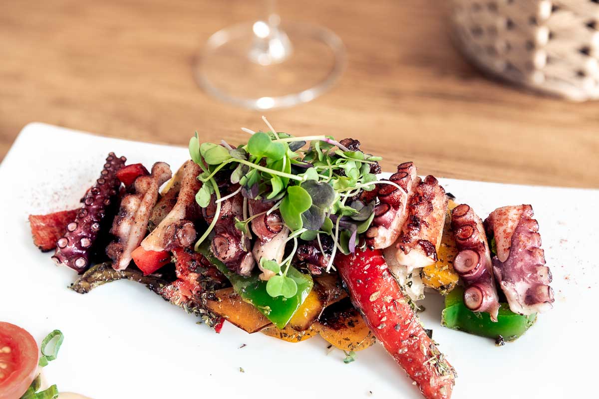 Grilled octopus with vegetables and soy mayo