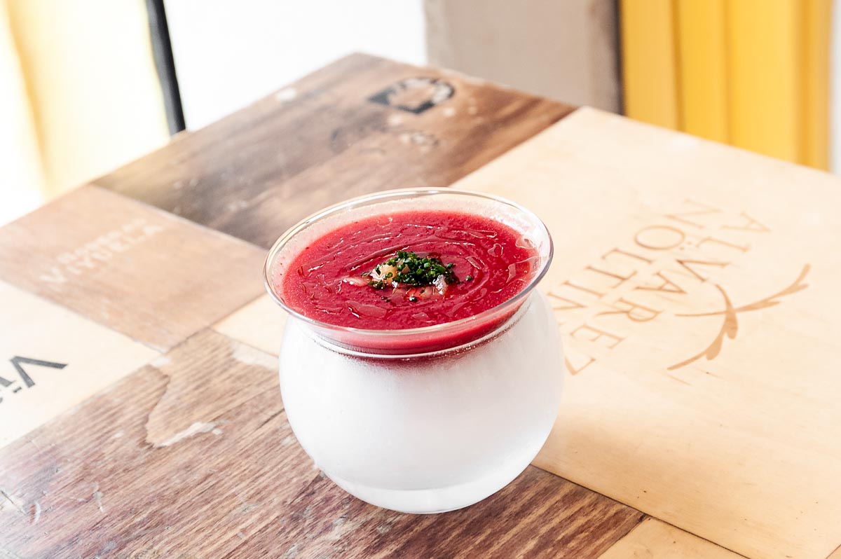 Beet and tomato gazpacho with fresh fruit crudité
