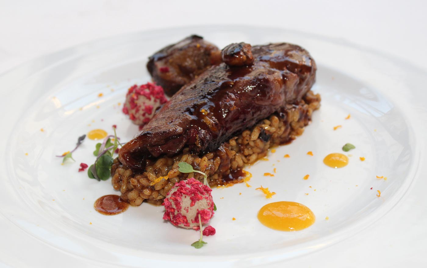 Duck with creamy rice and chocolate