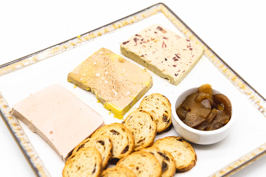 Assortment of three types of foie and pate
