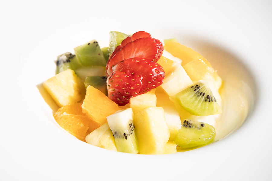 Fresh fruit salad with lemonverbena soup