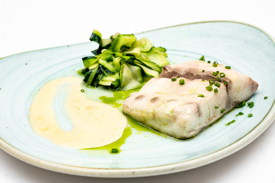 Low temperature confit sea bass with zucchini noodles