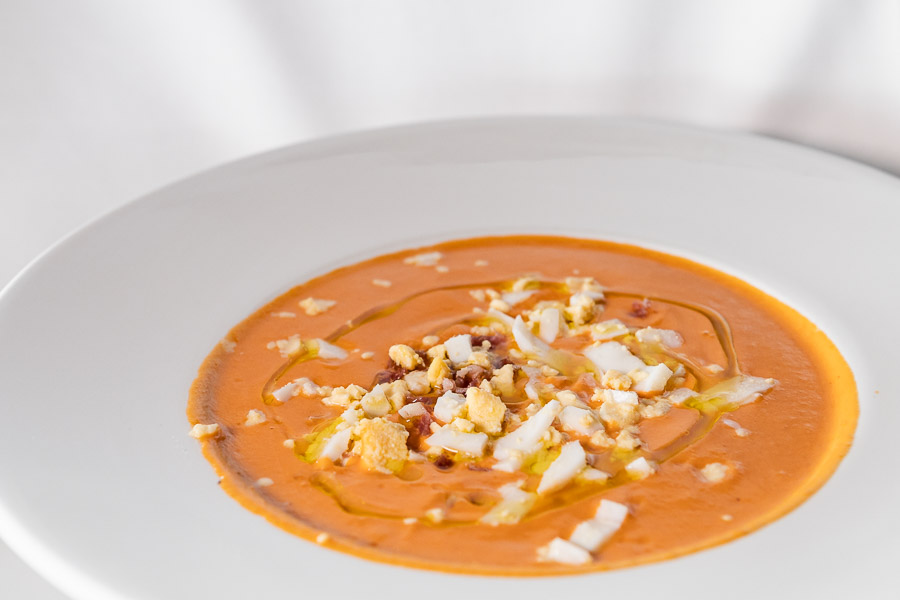 Cold vegetable soup with ham and egg Salmorejo