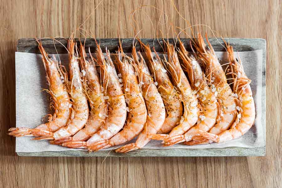 Grilled fresh Mediterranean prawns with sea salt (