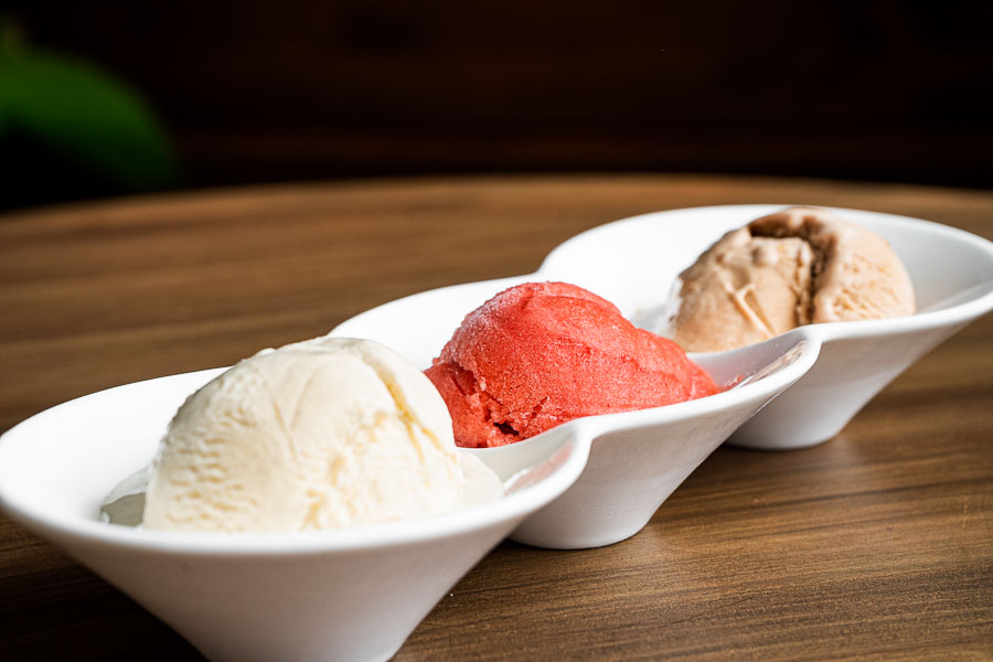 Ice cream, two balls (chocolate, vanilla, strawberry, nougat)