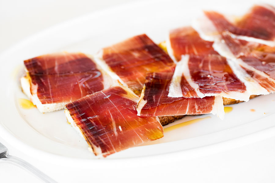 Iberian ham toast with olive oil and salmorejo