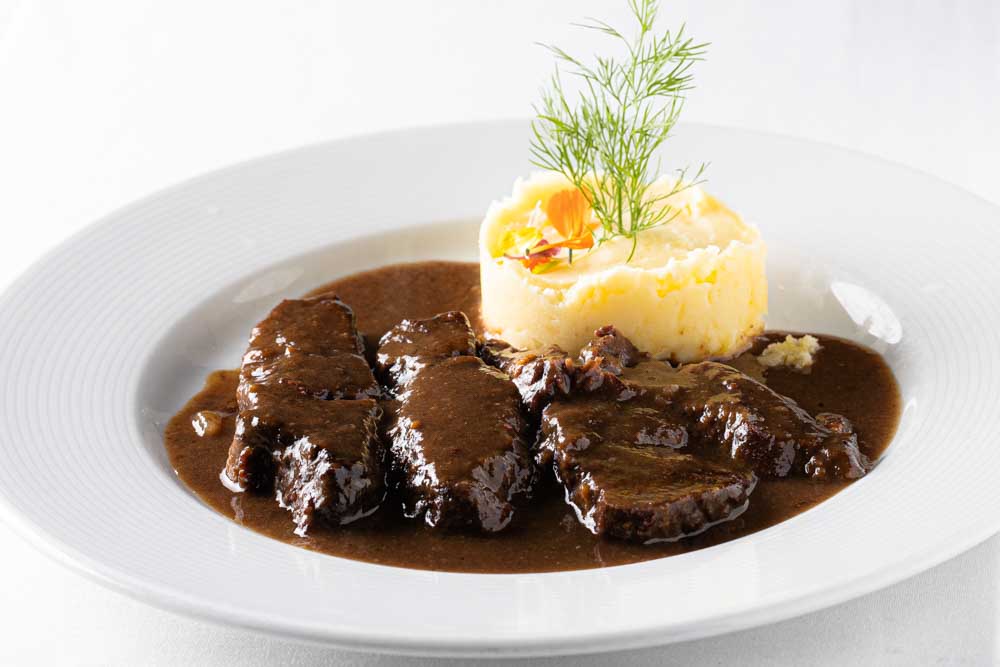 Beef cheeks cooked in red wine