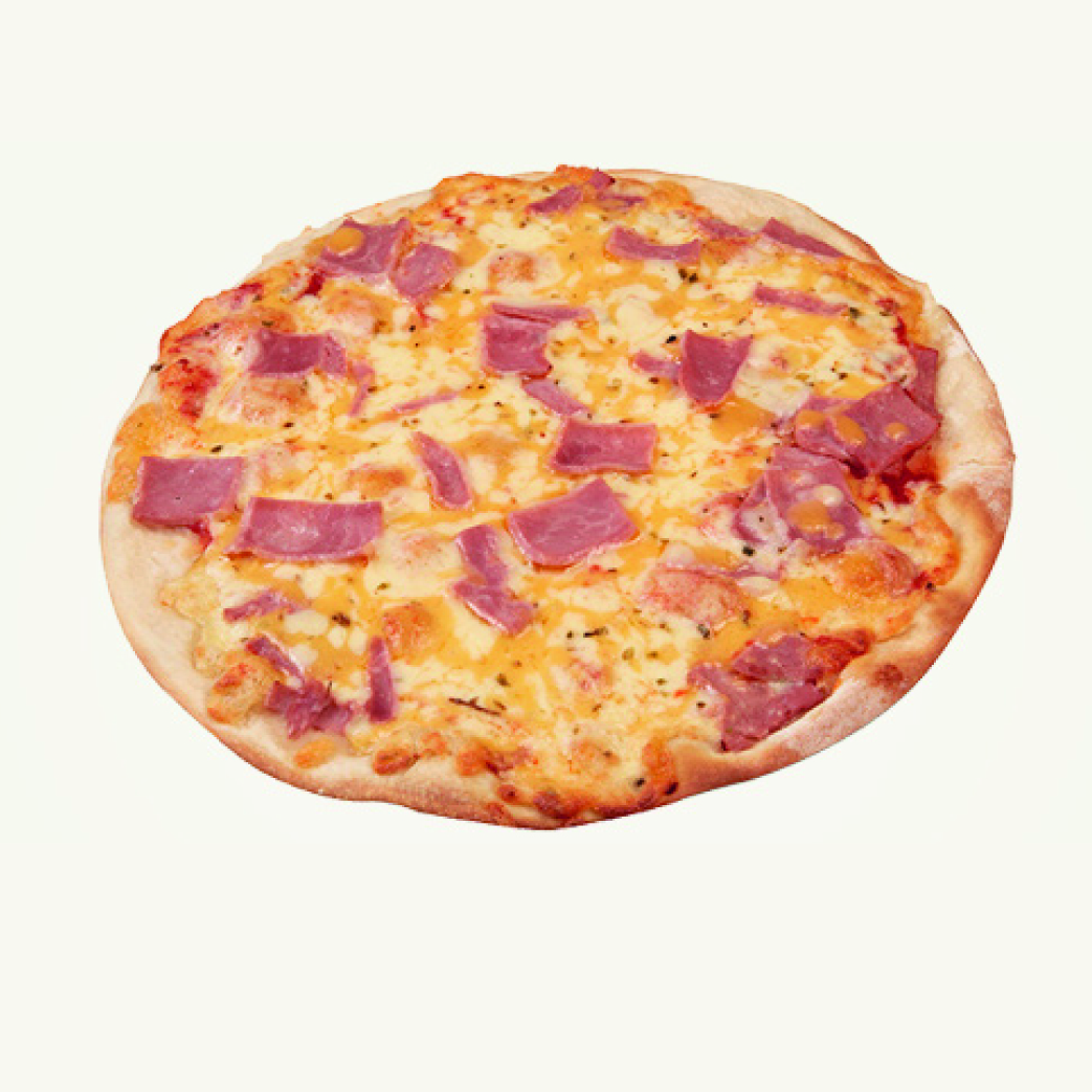 Pizza de jamón york y queso con masa fina 