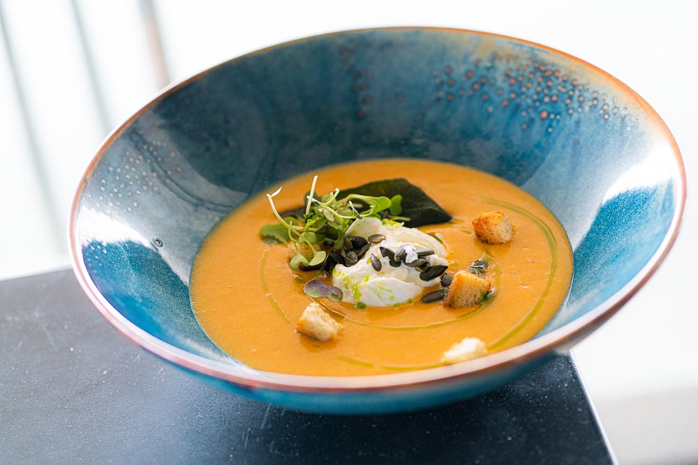 Pumpkin cream with burrata, sage, pipes and croutons