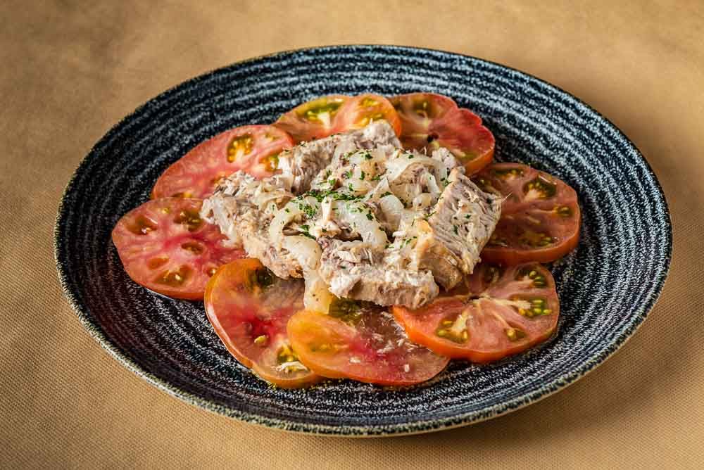 Homemade pickled tuna with Raff tomato
