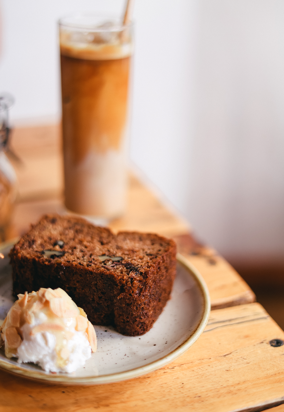 BANANA CAKE: Served with ricotta, almonds and honey