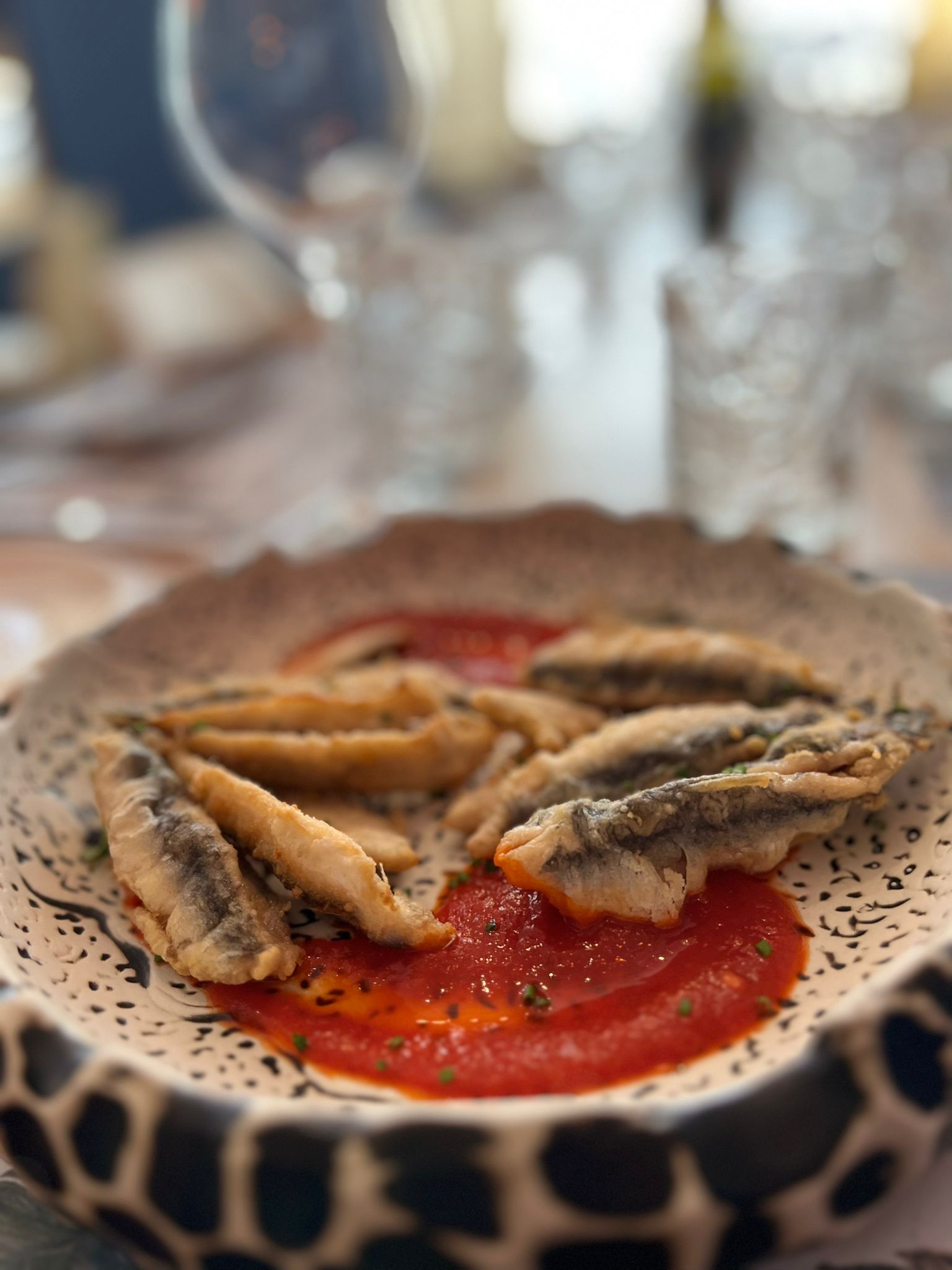 Fried pickled Anchovies from Málaga with Pepper Reducction