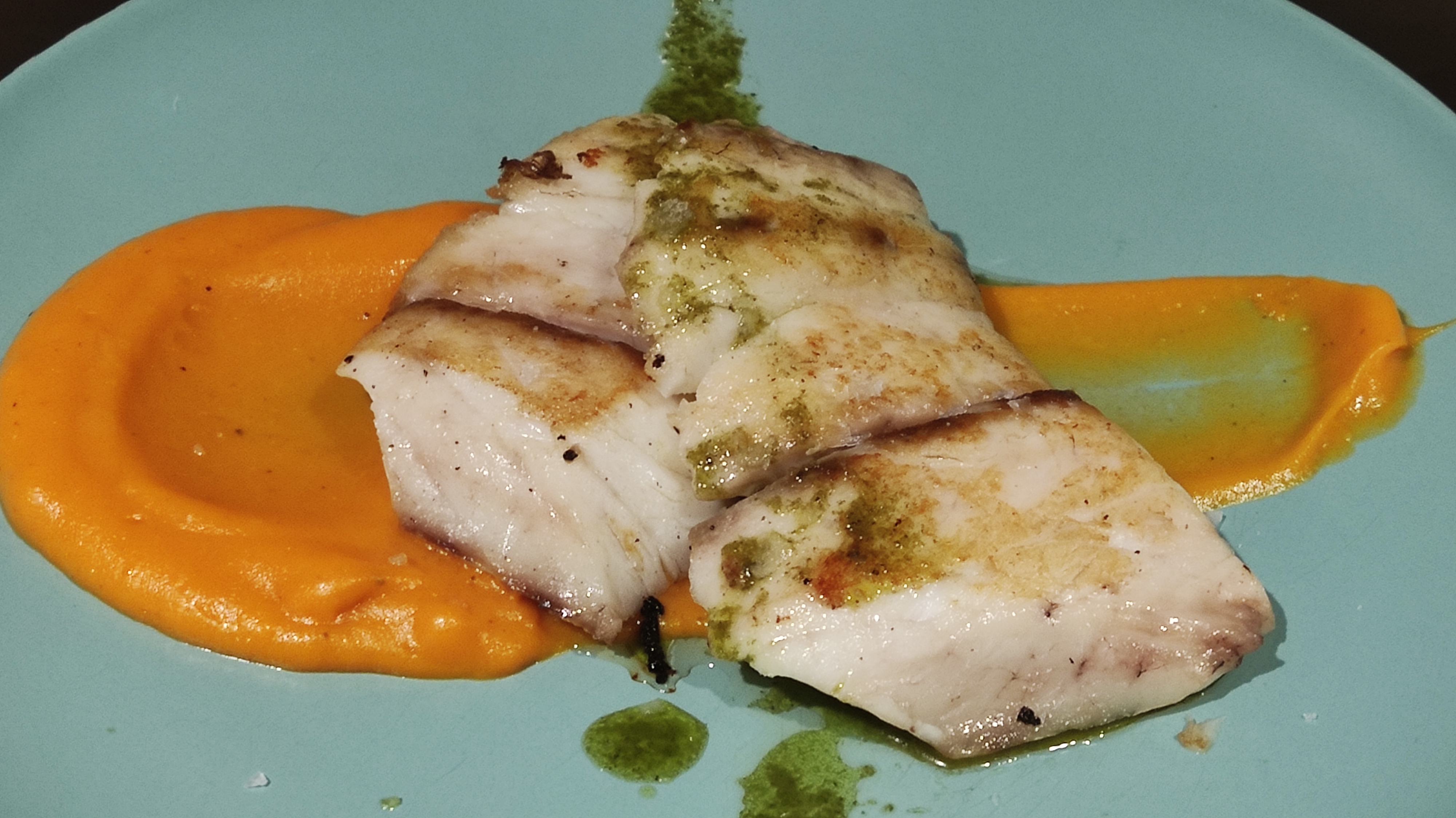 Meager loin with sweet potato purée