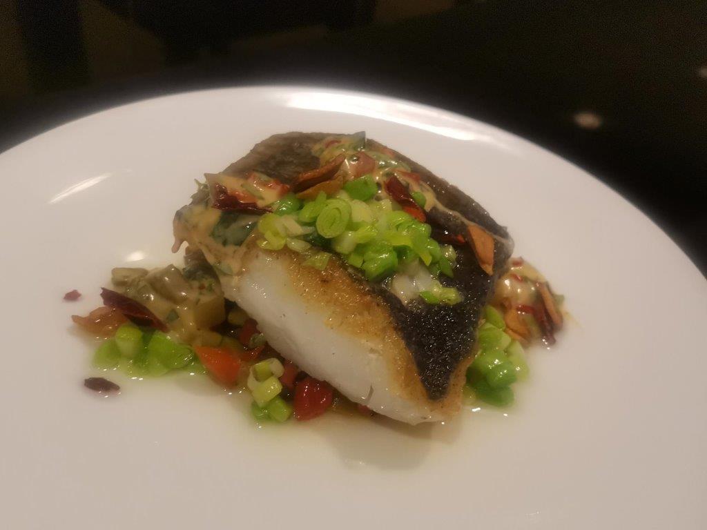 ROASTED COD WITH PISTO MANCHEGO AND FRESH GARMENTS