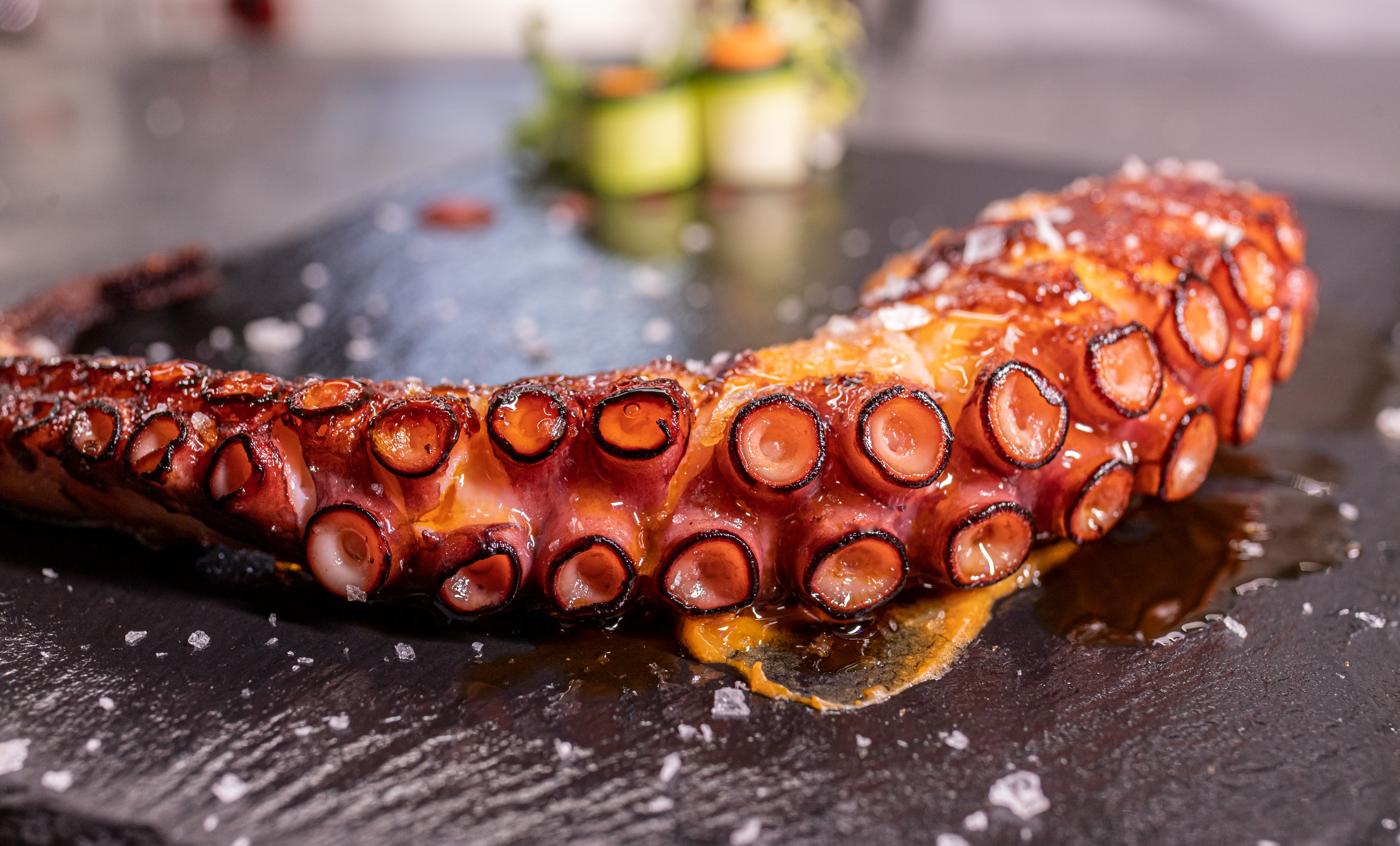 Grilled octopus with sweet potato cream and paprika garlic