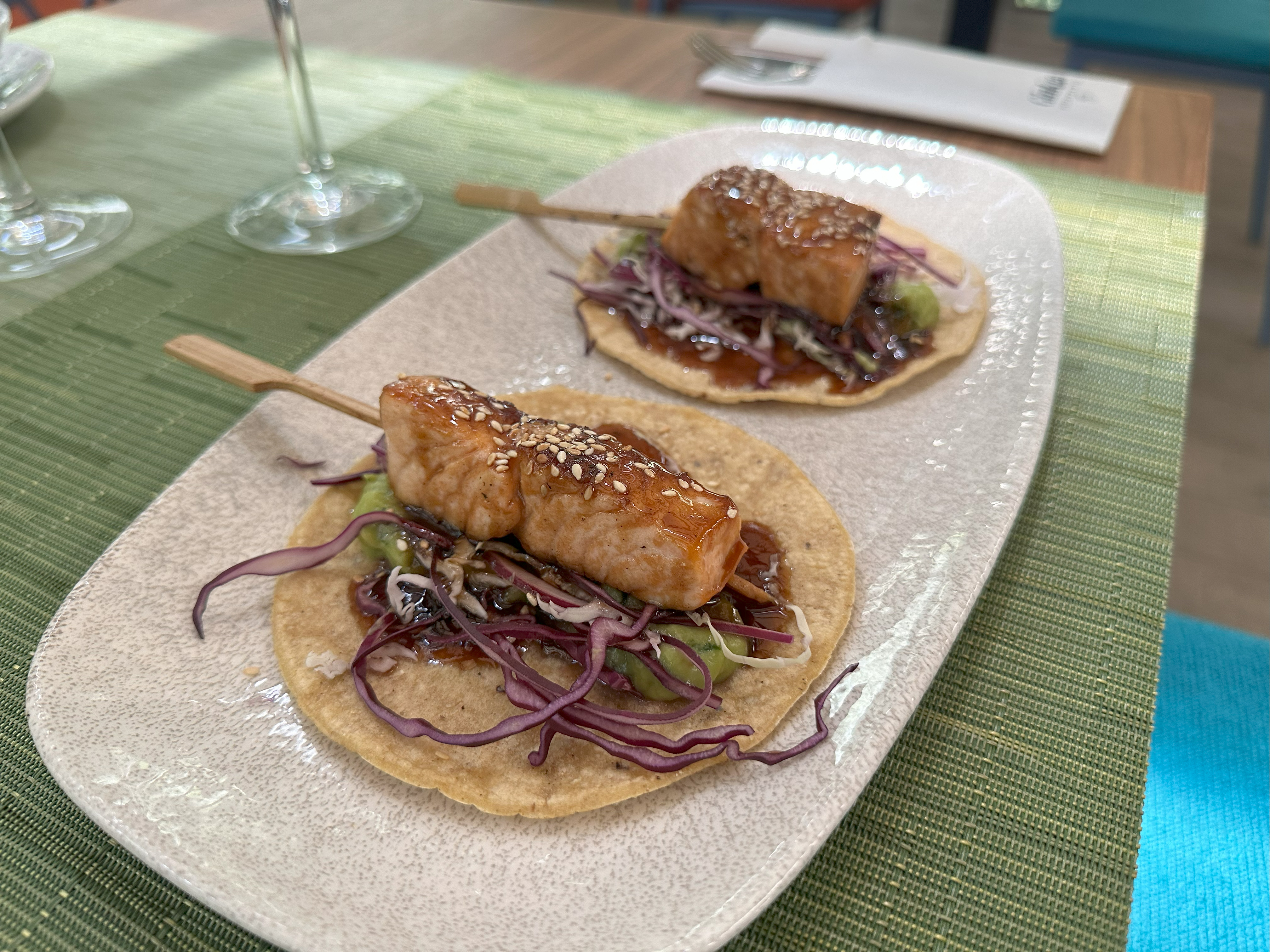 Mexican-style tacos with teriyaki salmon