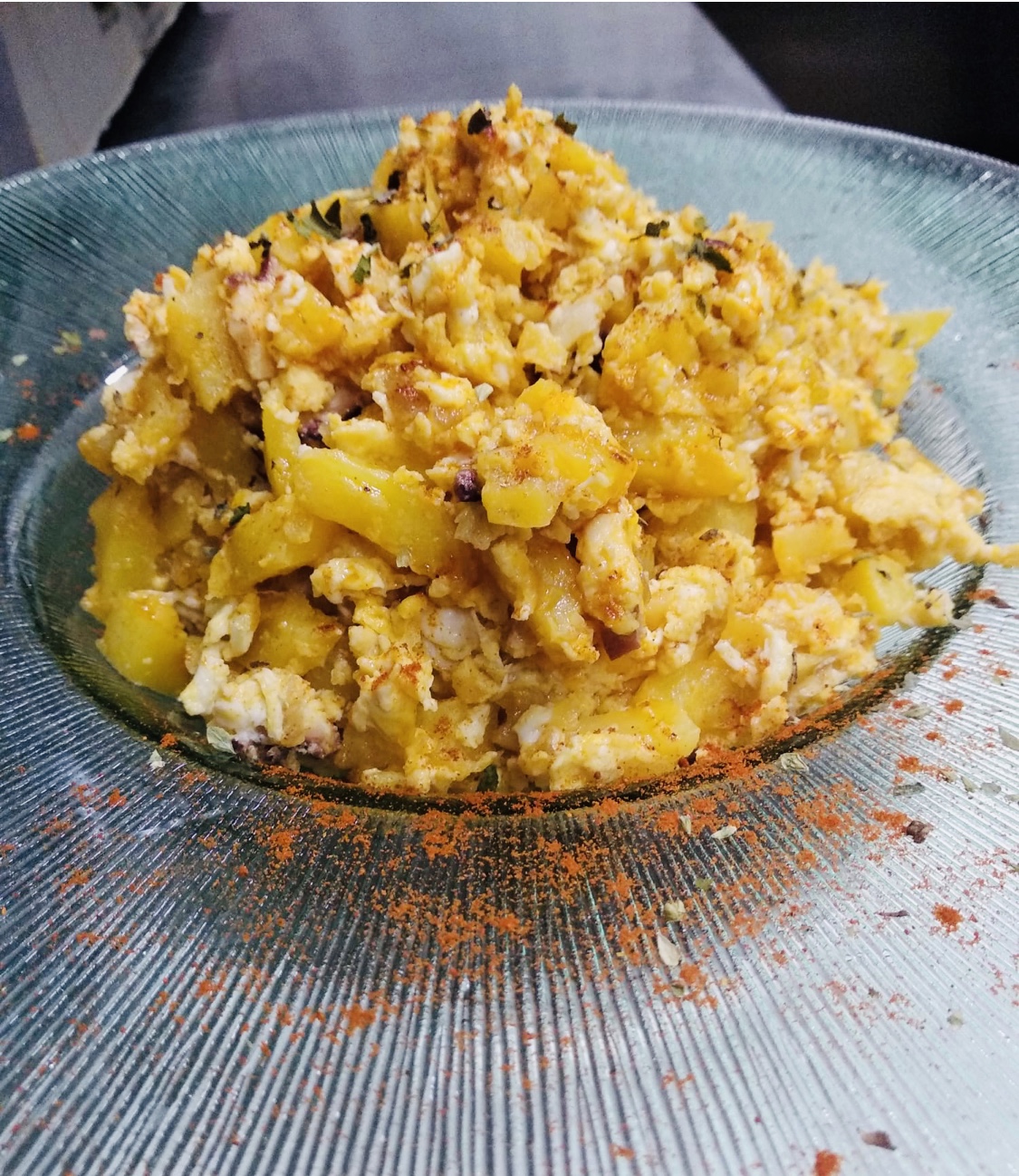 Scrambled Egg with Octopus and Caramelized Onion