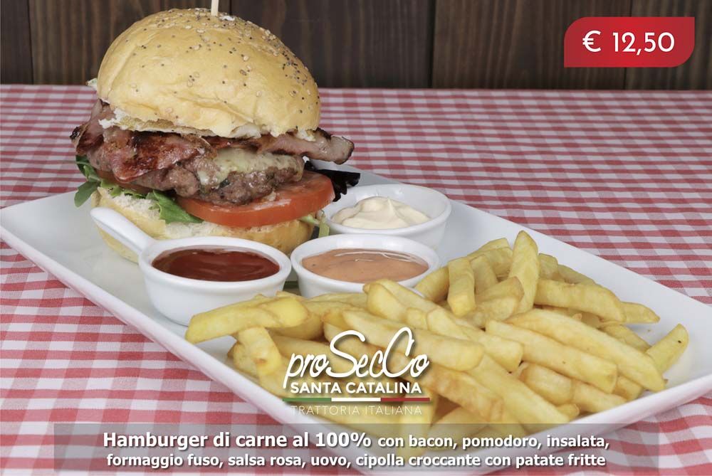 100% beef burger with bacon, melted cheese, salad, tomato, pink sauce, egg, crispy onion with fries.