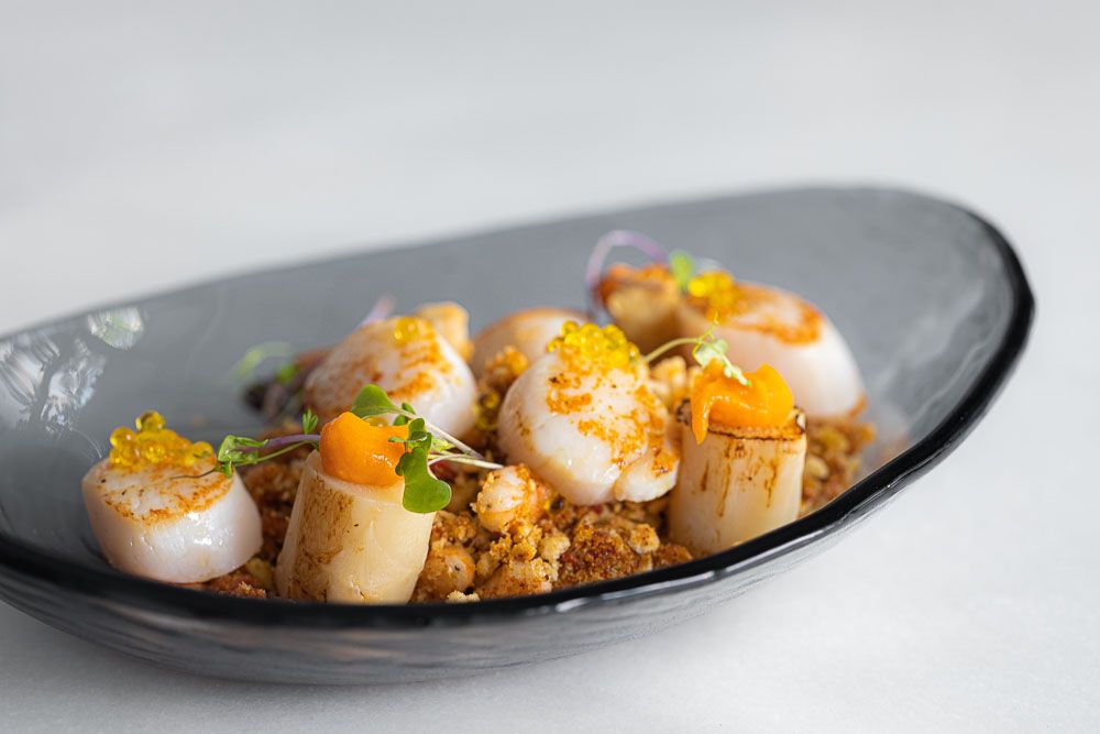 Grilled scallops with seafood crumbs and white asparagus 