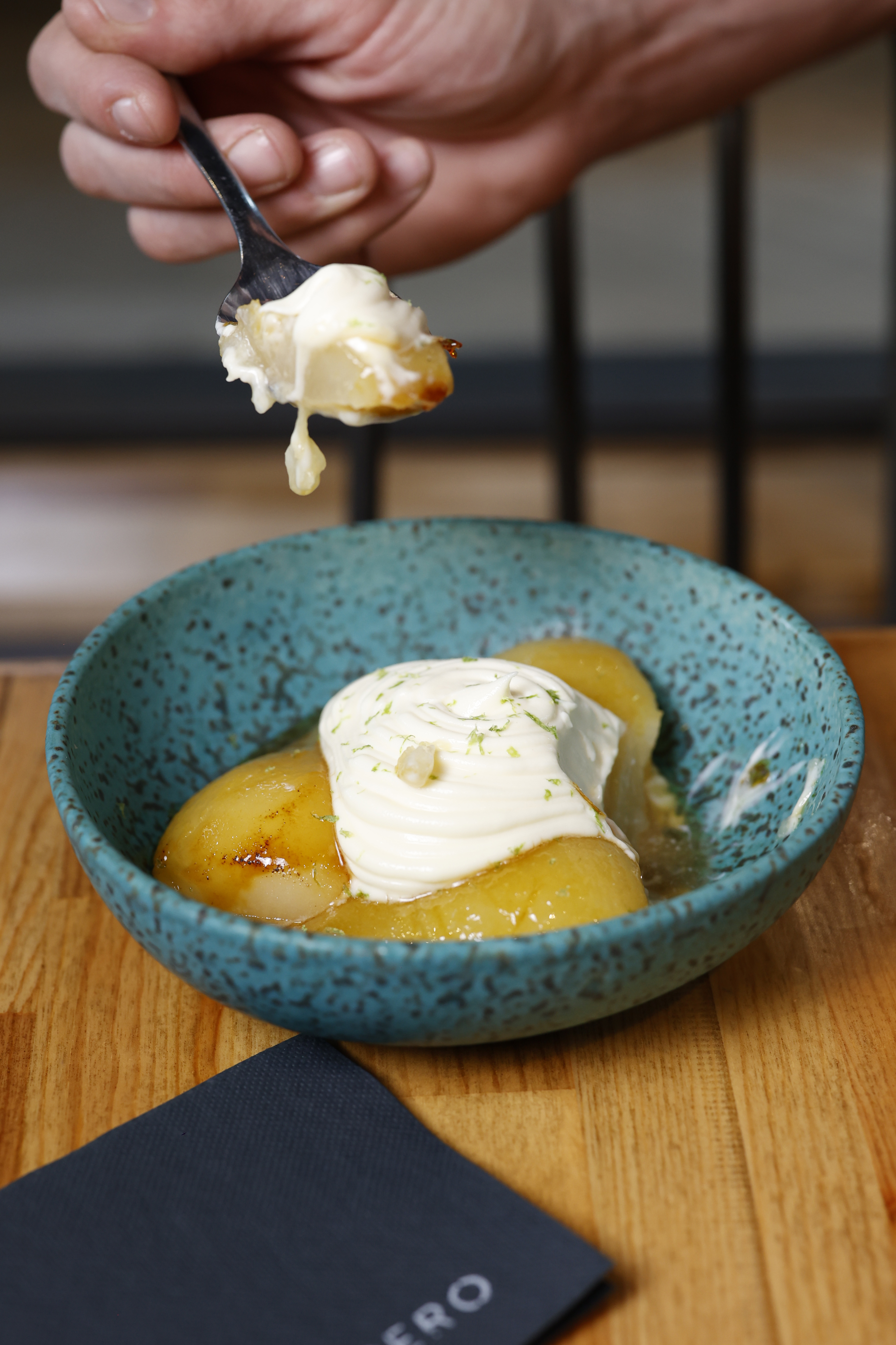 Pears with white chocolate and lime cream.