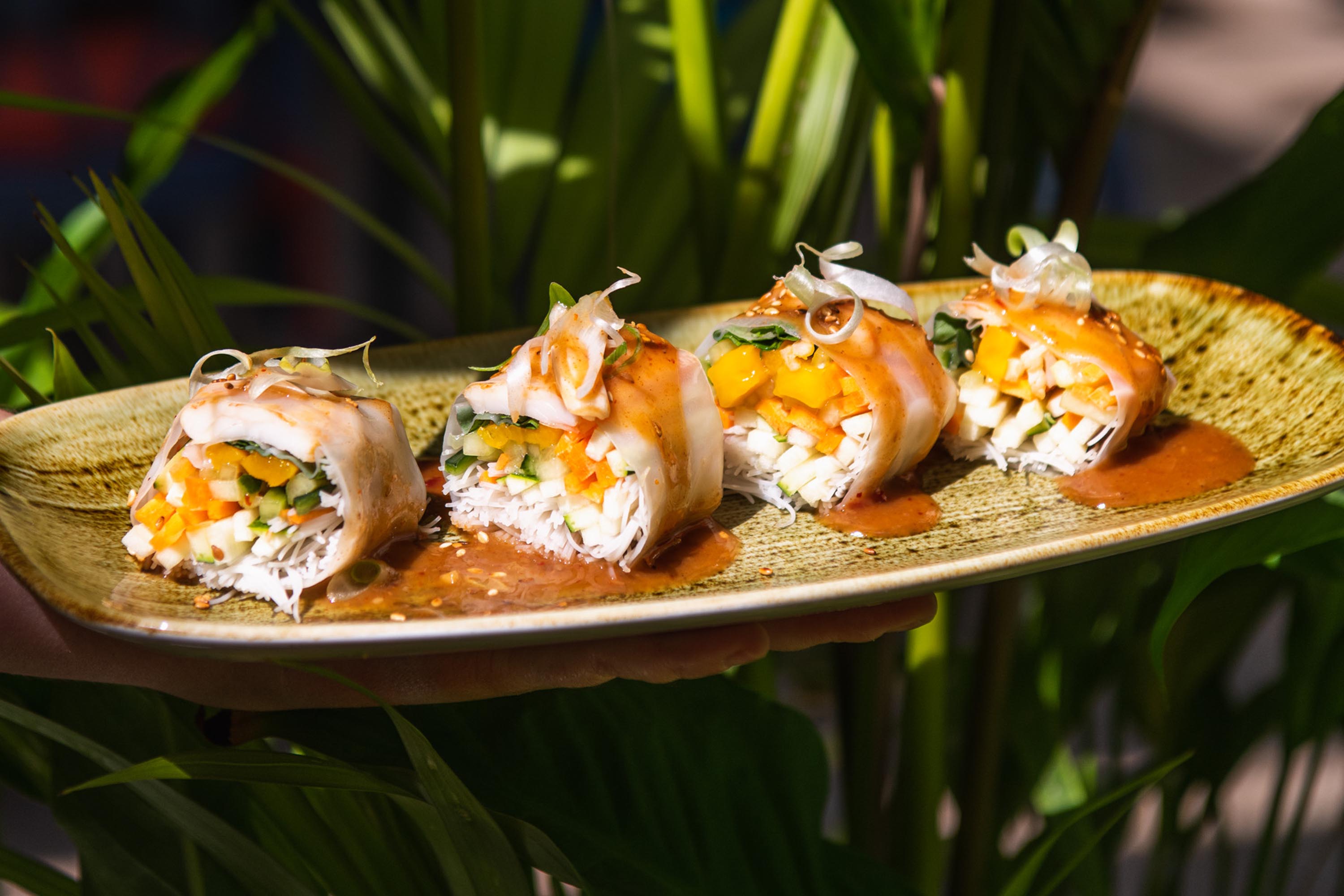 Vietnamese rolls with shrimp, mango, vegetables and Japanese dressing