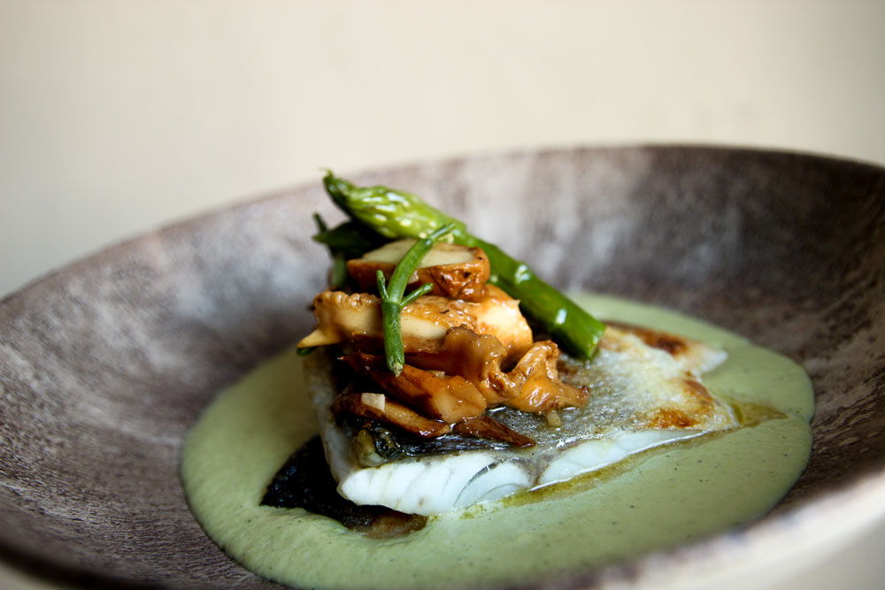 Grilled sea bass with asparagus and chanterelle mushroom 
