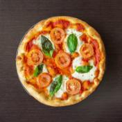 PIZZA THIN DOUGH WITH TOMATO, SLICED MOZARELLA CHEESE