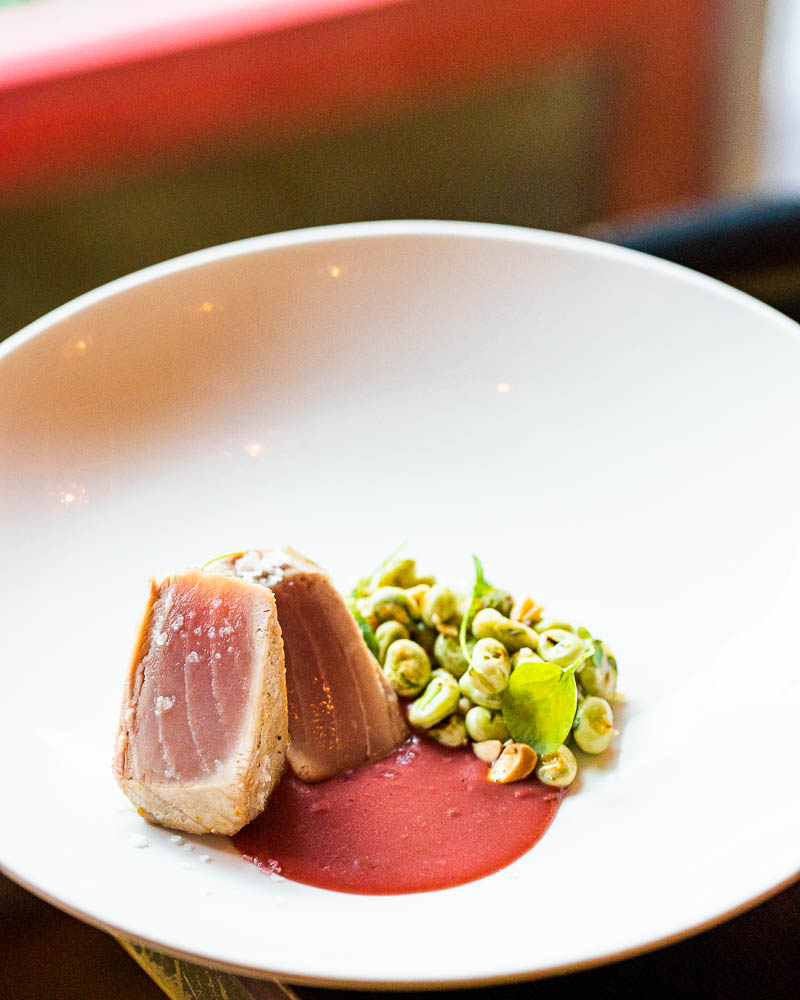 Tuna with green beans, almonds and beetroot velouté